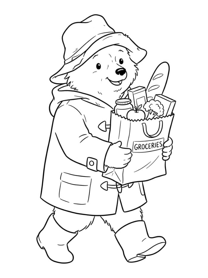 Paddington bærer dagligvarer fargelegging