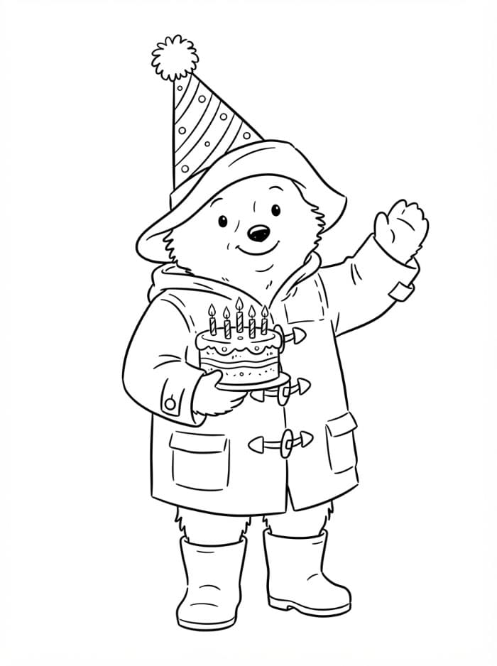 Paddington har på seg en bursdagshatt fargelegging