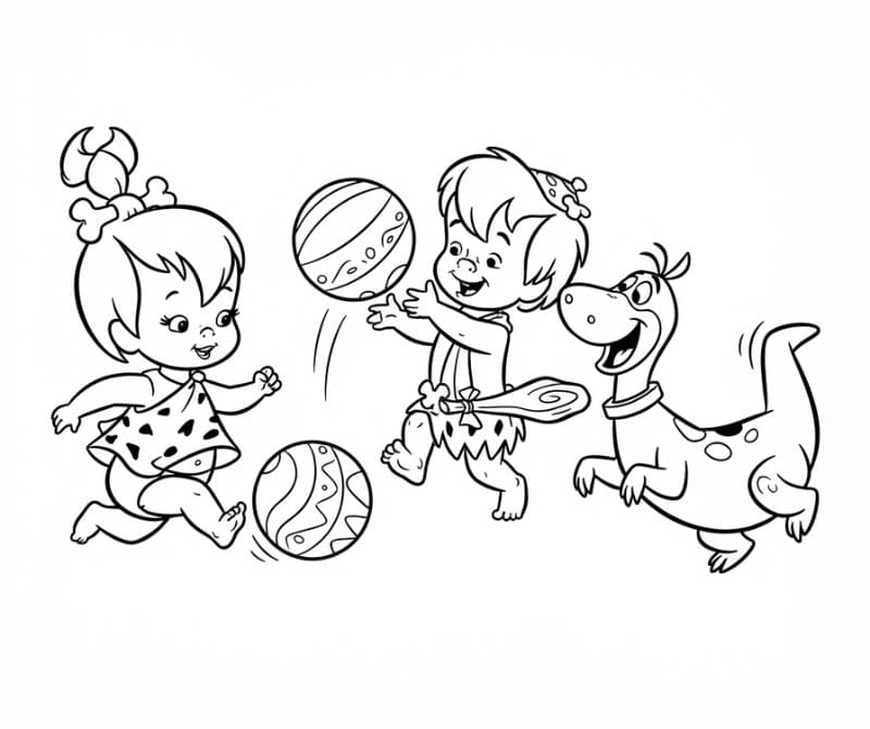 Pebbles, Bamm-Bamm og Dino spiller ball fargelegging