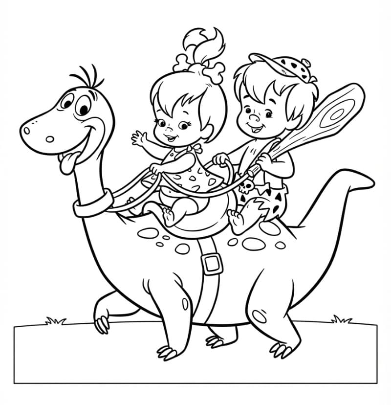 Pebbles og Bamm-Bamm rir på Dino fargelegging