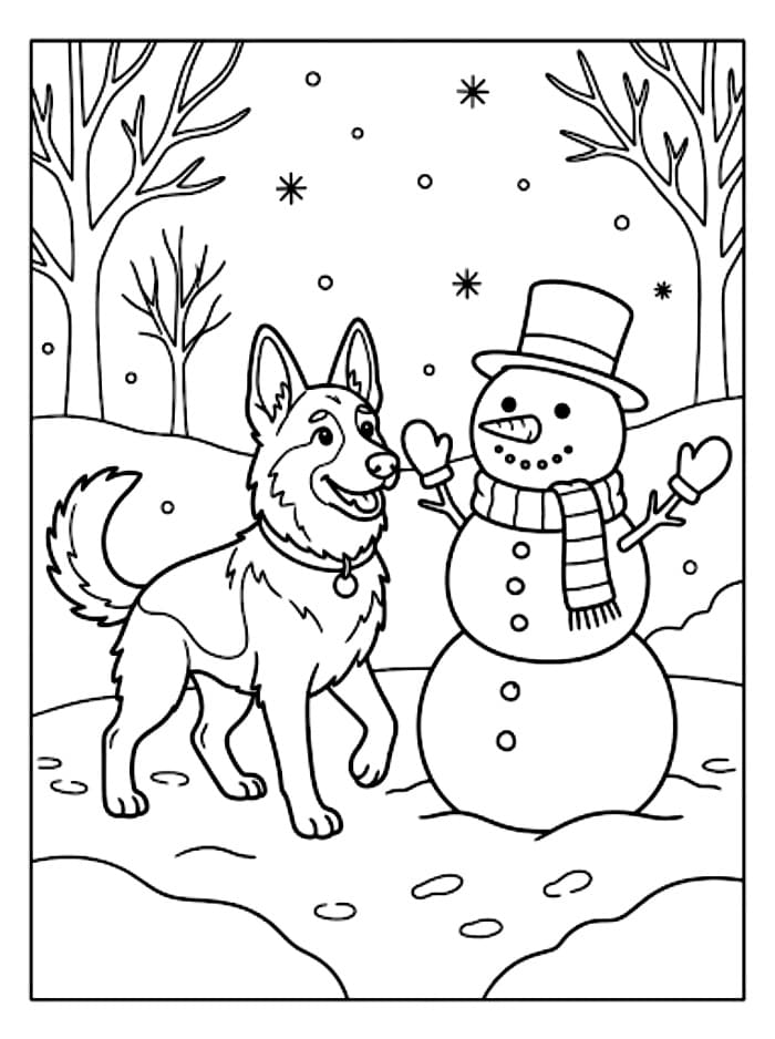 Schäferhund og snømann fargelegging
