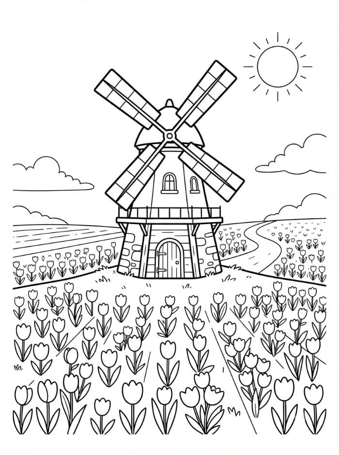 Vindmølle og tulipaner fargelegging