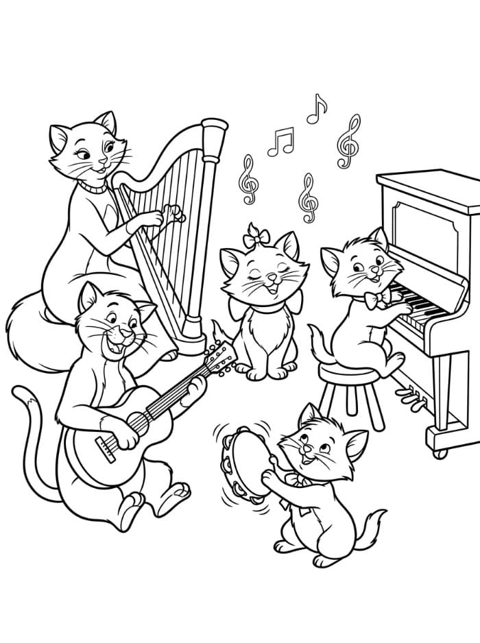 Aristokattene spiller musikk fargelegging