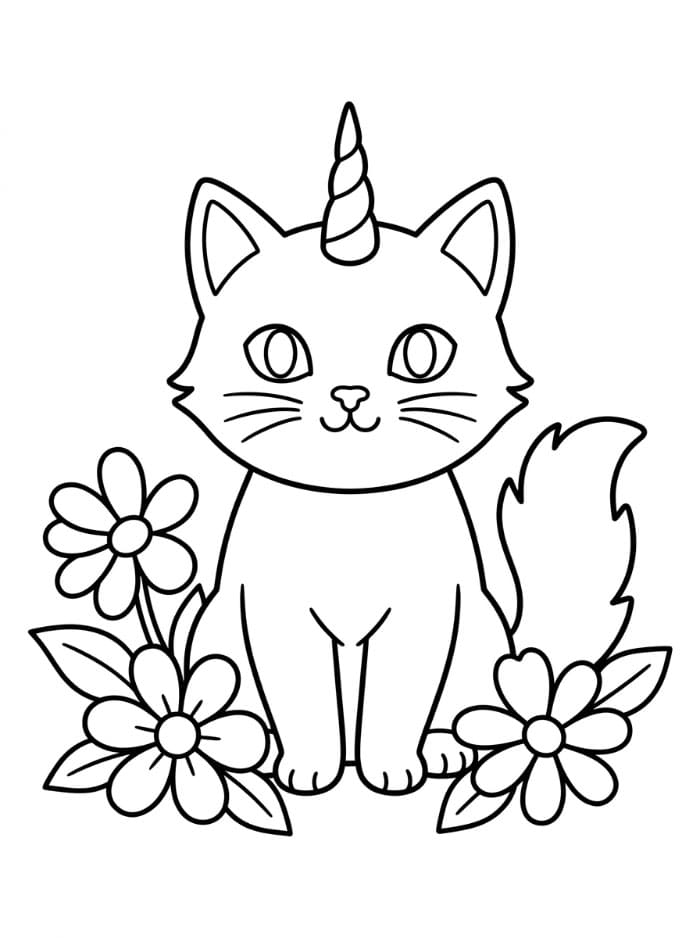 Enhjørning Katt med blomster fargelegging