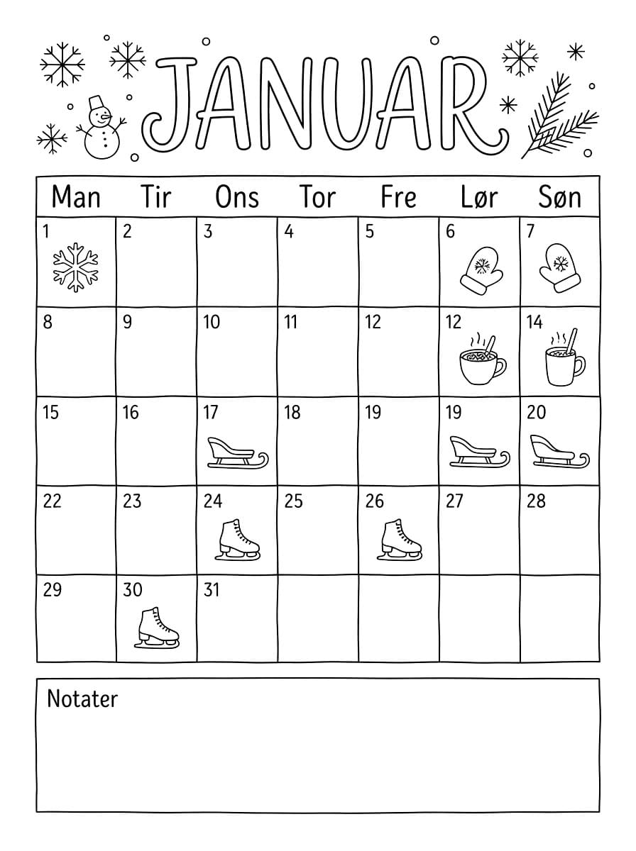 Enkel januar kalender fargelegging