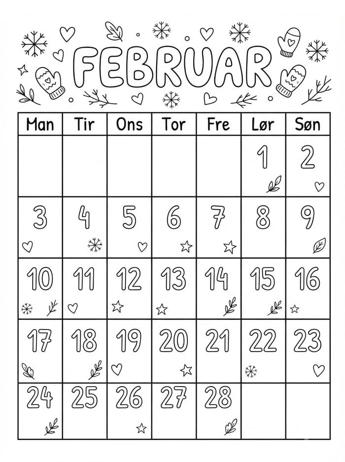 Februarkalender fargelegging