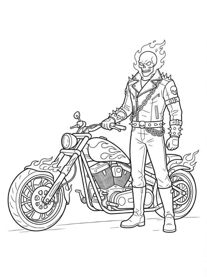 Ghost Rider står ved en motorsykkel fargelegging