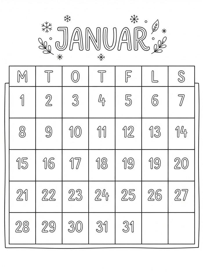 Gratis januar kalender fargelegging