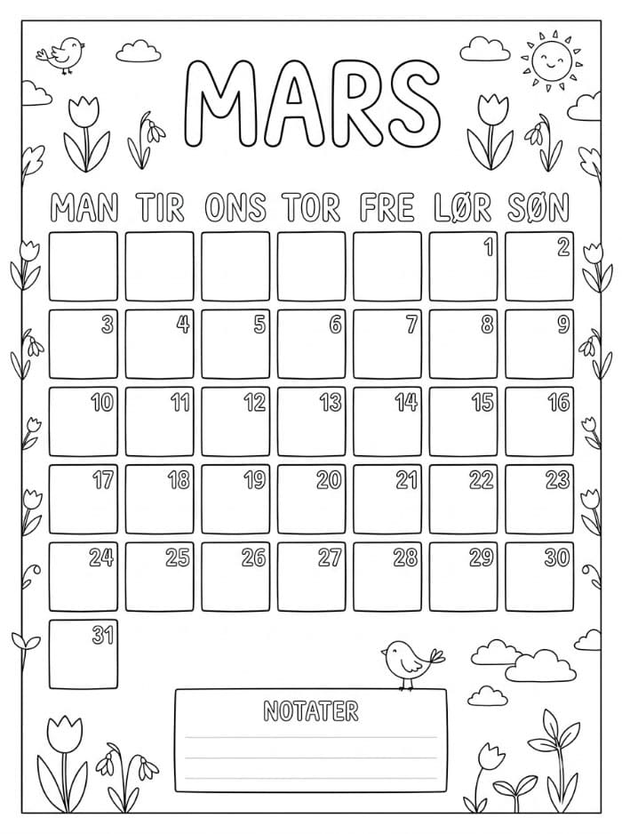 Gratis kalender for mars fargelegging