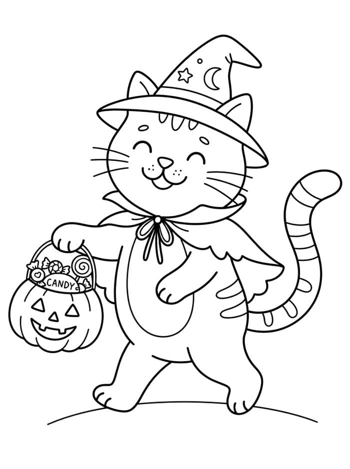 Halloween Katt går fra dør til dør for å kjøpe godteri fargelegging