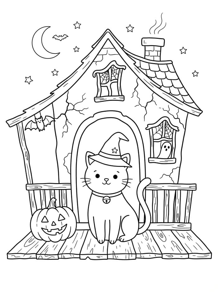 Halloween Katt i et hjemsøkt hus fargelegging