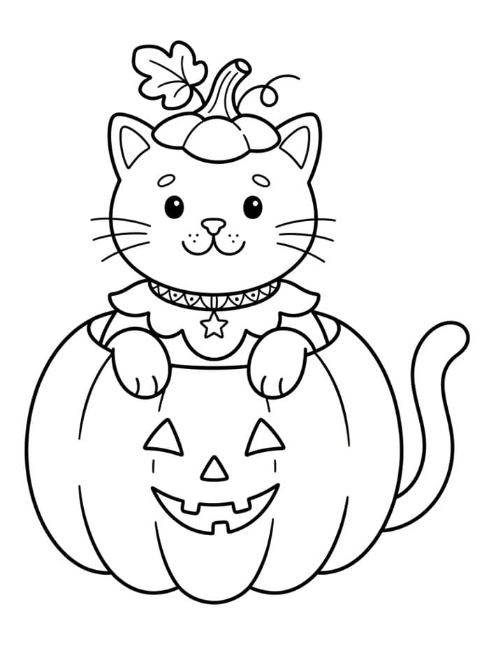 Halloween Katt i gresskarkostyme fargelegging