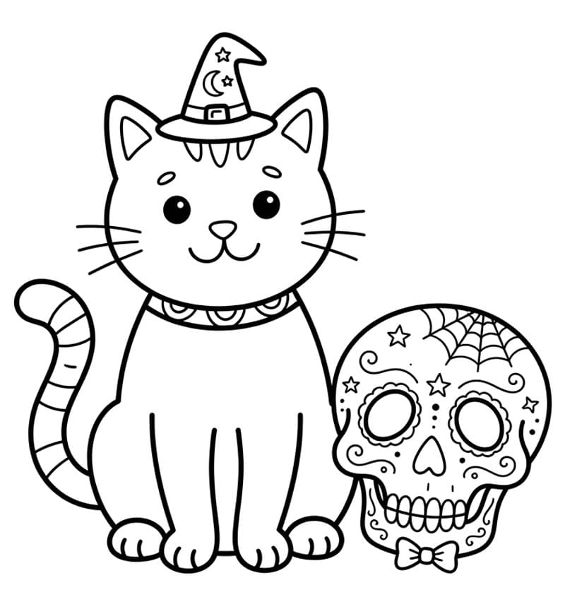 Halloween Katt med et hodeskalle-julemotiv fargelegging