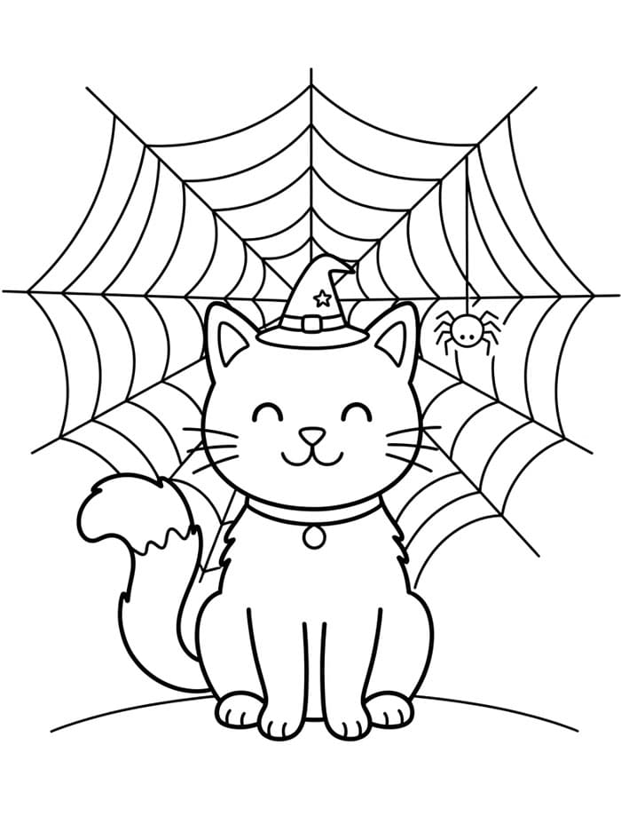 Halloween Katt med et spindelvev fargelegging