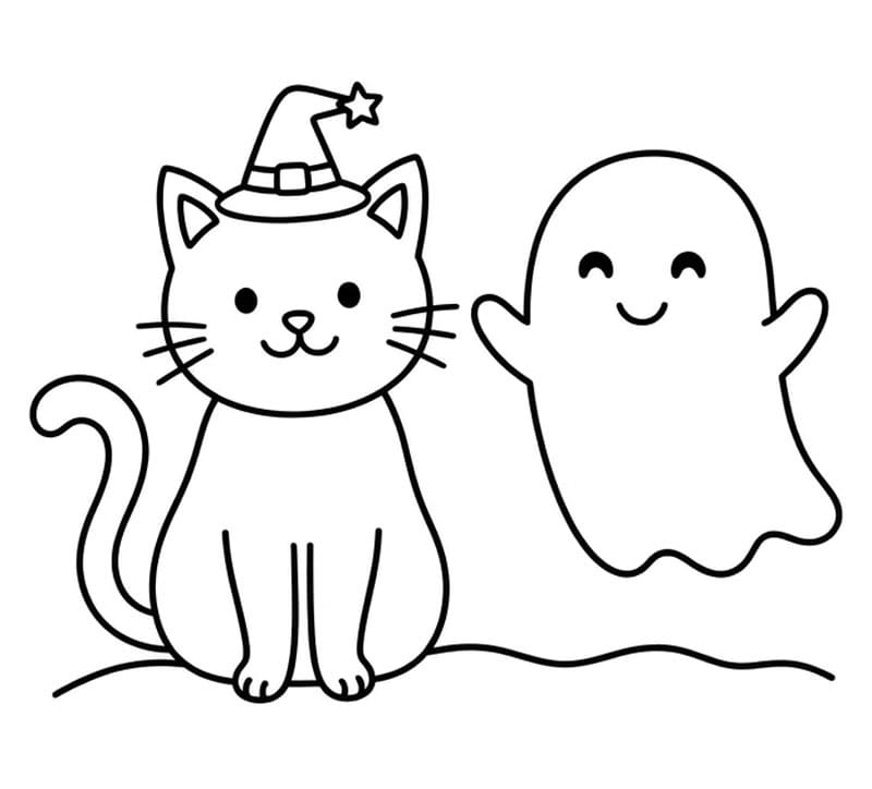 Halloween Katt med et spøkelse fargelegging