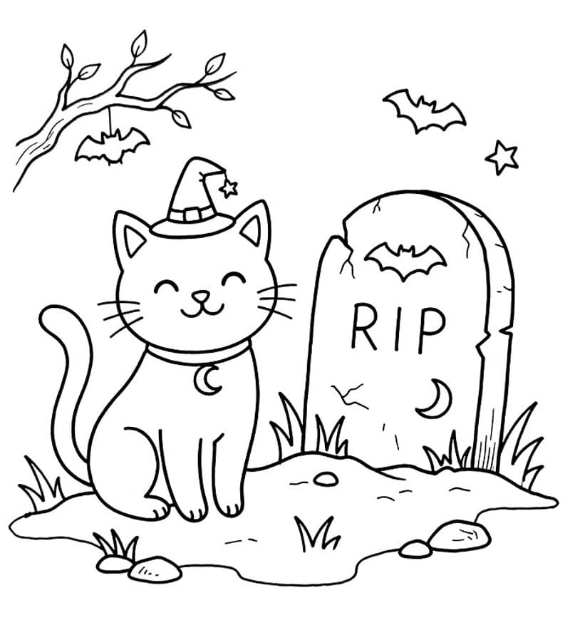 Halloween Katt og en grav fargelegging