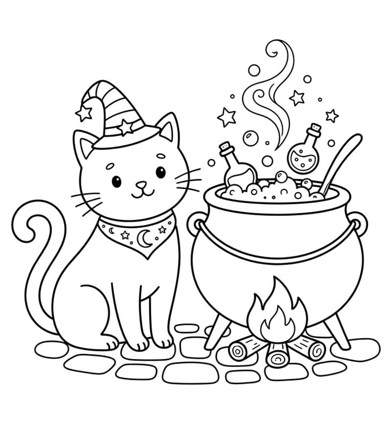 Halloween Katt og en gryte fargelegging