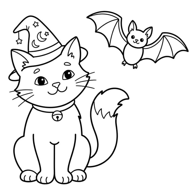 Halloween Katt og en svart flaggermus fargelegging