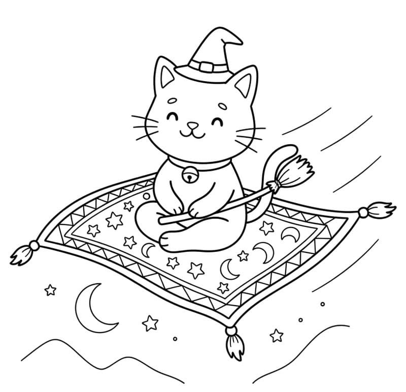 Halloween Katt på et flygende teppe fargelegging