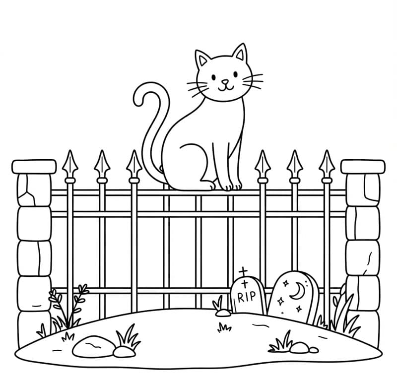 Halloween Katt på et kirkegårdsgjerde fargelegging