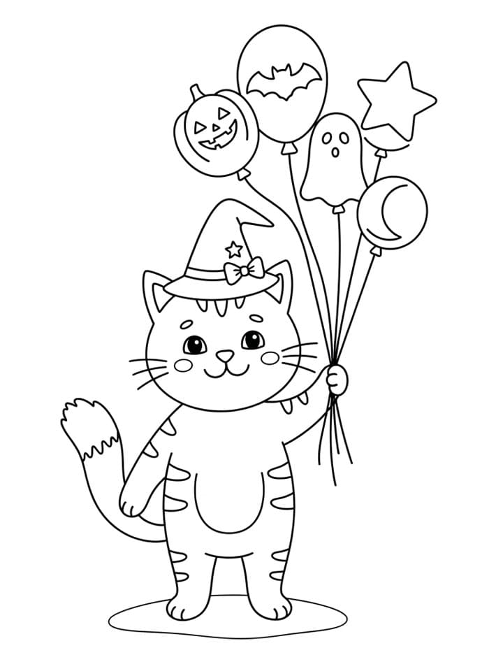 Halloween Katt som holder ballonger fargelegging