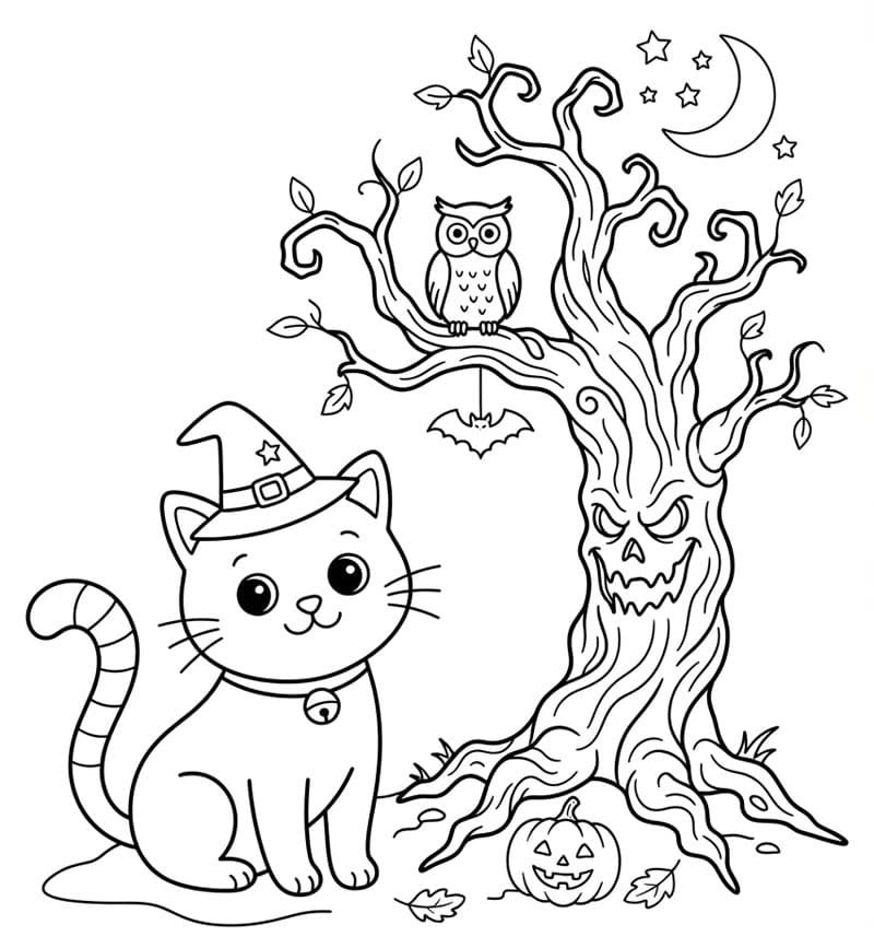 Halloween Katt ved siden av et hjemsøkt tre fargelegging