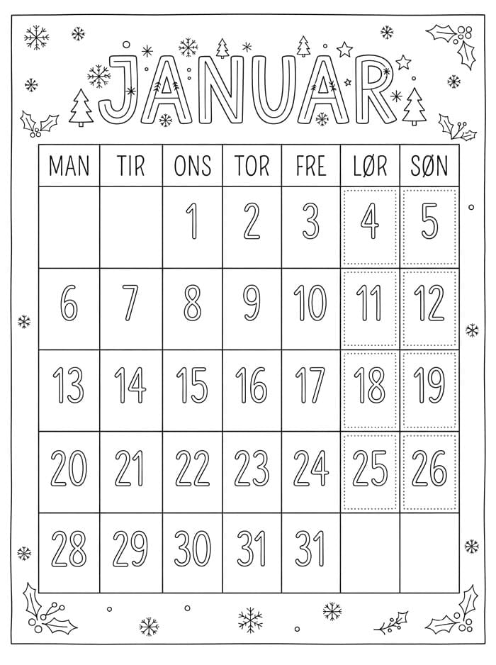 Januar kalender fargelegging