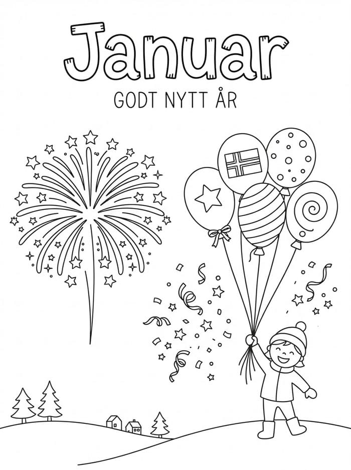 Januar med fyrverkeri og ballonger fargelegging