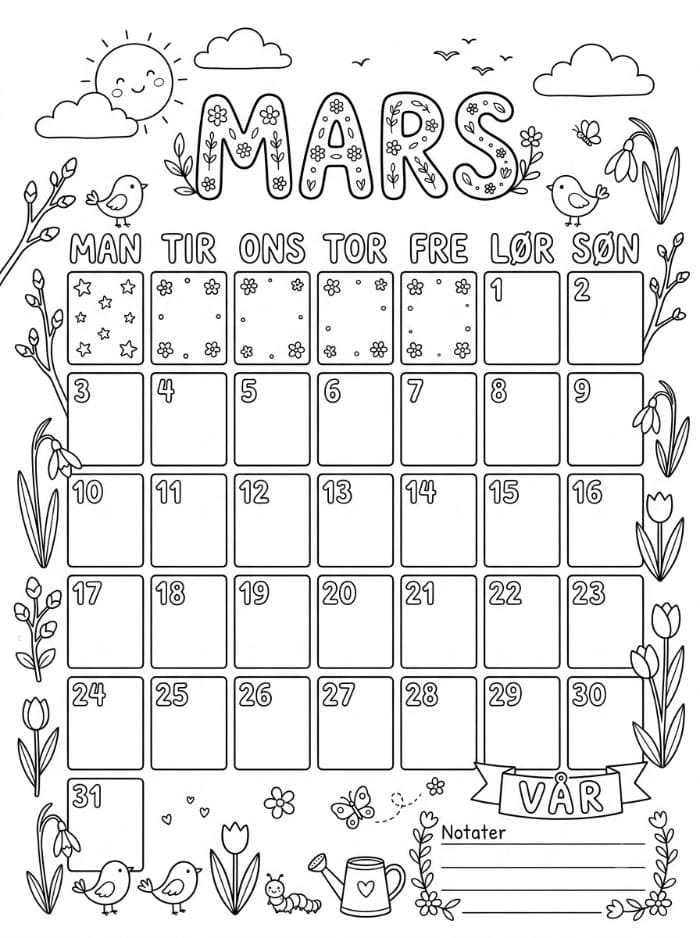 Kalender for mars fargelegging