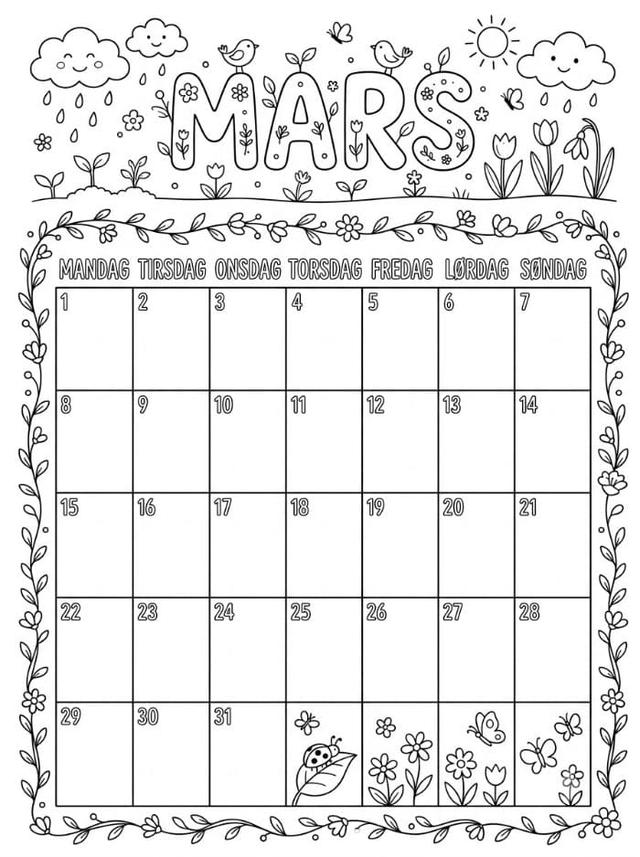 Kalender for mars til utskrift fargelegging