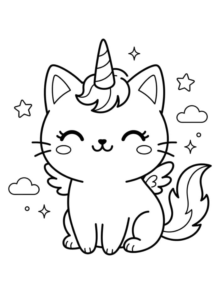 Kawaii Enhjørning Katt fargelegging