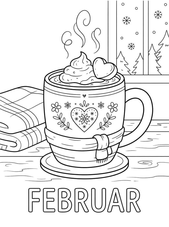 Kopp med varm kakao i februar fargelegging