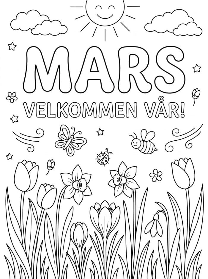 Mars med vårblomster fargelegging
