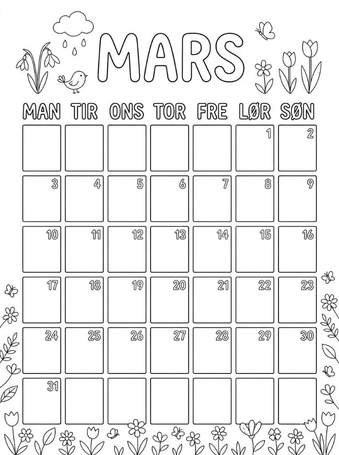 Skriv ut kalender for mars fargelegging