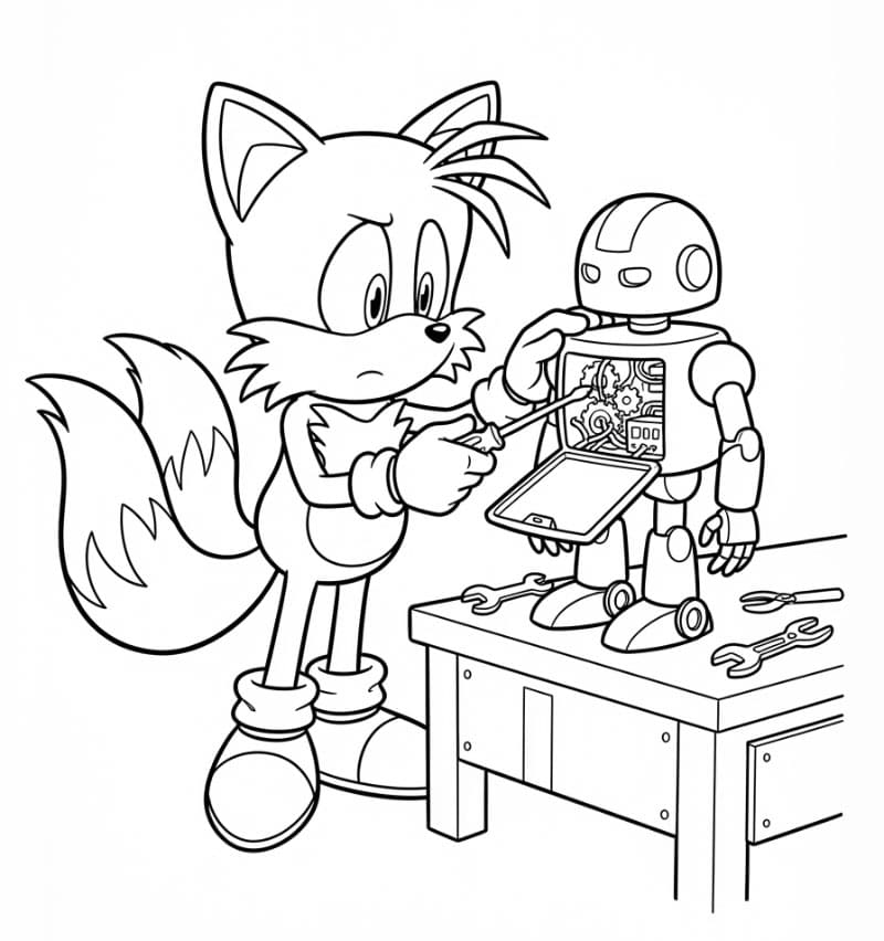 Tails jobber med en robot fargelegging